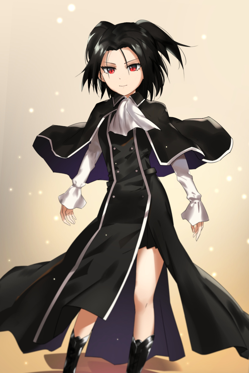 black_clothes black_hair capelet female highres light_smile red_eyes rosario+vampire sendrawz shuzen_akua slit_pupils solo standing vampire