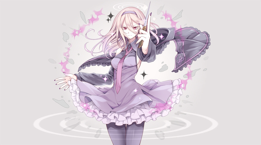 angry black_nails breasts collar dagger dress female frown gahata_meiji grey_background grey_dress headband holding holding_weapon jacket knife long_hair long_sleeves nail_polish necktie outfit pantyhose pink_eyes pink_hair red_eyes sideboob simple_background solo standing tie tr utau weapon white_hair