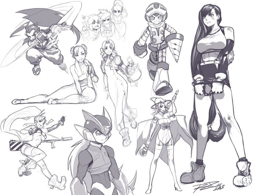 4boys 6+girls aerith_gainsborough ahoge anti-materiel_rifle basket beck_(mighty_no._9) bikini_top boots braid brave_fencer_musashiden breasts capcom celine_jules chun-li collage crossover cuffs drill final_fantasy final_fantasy_vii gun handcuffs hat huge_ahoge large_breasts long_hair low-tied_long_hair mighty_no._9 miniskirt miyamoto_musashi monochrome multiple_boys multiple_girls ninja ninja_(final_fantasy) pencil_skirt ponytail popoie purim randi reverse_grip rifle robert_porter rockman rockman_zero seiken_densetsu seiken_densetsu_2 short_hair shorts signature simple_background sitting skirt sniper_rifle square_enix star_ocean star_ocean_the_second_story street_fighter suspender_skirt suspenders tengen_toppa_gurren_lagann tifa_lockhart towel towel_around_neck underboob very_long_hair weapon white_background witch_hat yoko_littner yokozuwari zero_(rockman)