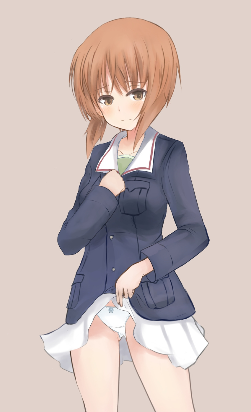 blue_jacket blush bow bow_panties brown_background brown_eyes brown_hair clothes_lift commentary_request crotch_seam embarrassed eve_(kenzen) female girls_und_panzer green_shirt highres jacket long_sleeves looking_at_viewer military military_uniform miniskirt nishizumi_miho ooarai_military_uniform panties pleated_skirt shirt short_hair skirt skirt_lift solo standing underwear uniform white_panties white_skirt