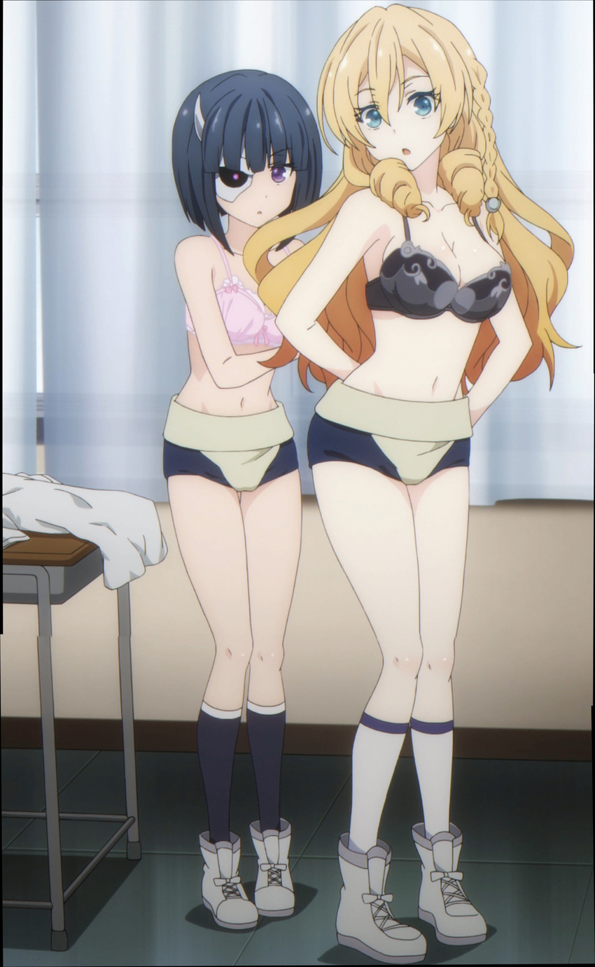 2girls black_bra black_hair blonde_hair bra breasts busou_shoujo_machiavellism kikakujou_mary large_breasts legs midriff multiple_girls onigawara_rin pink_bra stitched