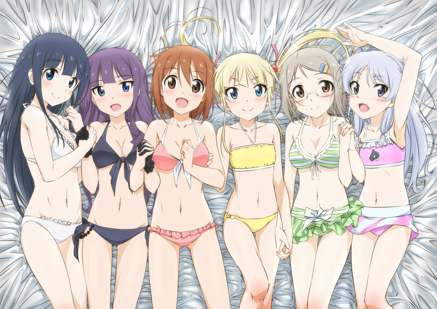 6+girls :d absurdres anitore!_ex arm_up armpits bed_sheet bikini bikini_skirt black_bikini black_gloves black_hair blonde_hair blue_eyes blush breasts brown_eyes brown_hair cleavage collarbone commentary_request flat_chest frilled_bikini frills from_above glasses gloves green_bikini green_eyes grey_eyes grey_hair groin hair_ribbon heterochromia highres higuchi_eri hiraoka_yuu holding_hands hoshi_asami interlocked_fingers izumi_sakura layered_skirt long_hair looking_at_viewer lying medium_breasts multiple_girls navel official_art on_back open_mouth pink_bikini pink_ribbon purple_hair ribbon saotome_shizuno short_hair silver_hair skirt smile striped_bikini striped_clothes striped_skirt swimsuit tachibana_shion twintails white_bikini yellow_bikini