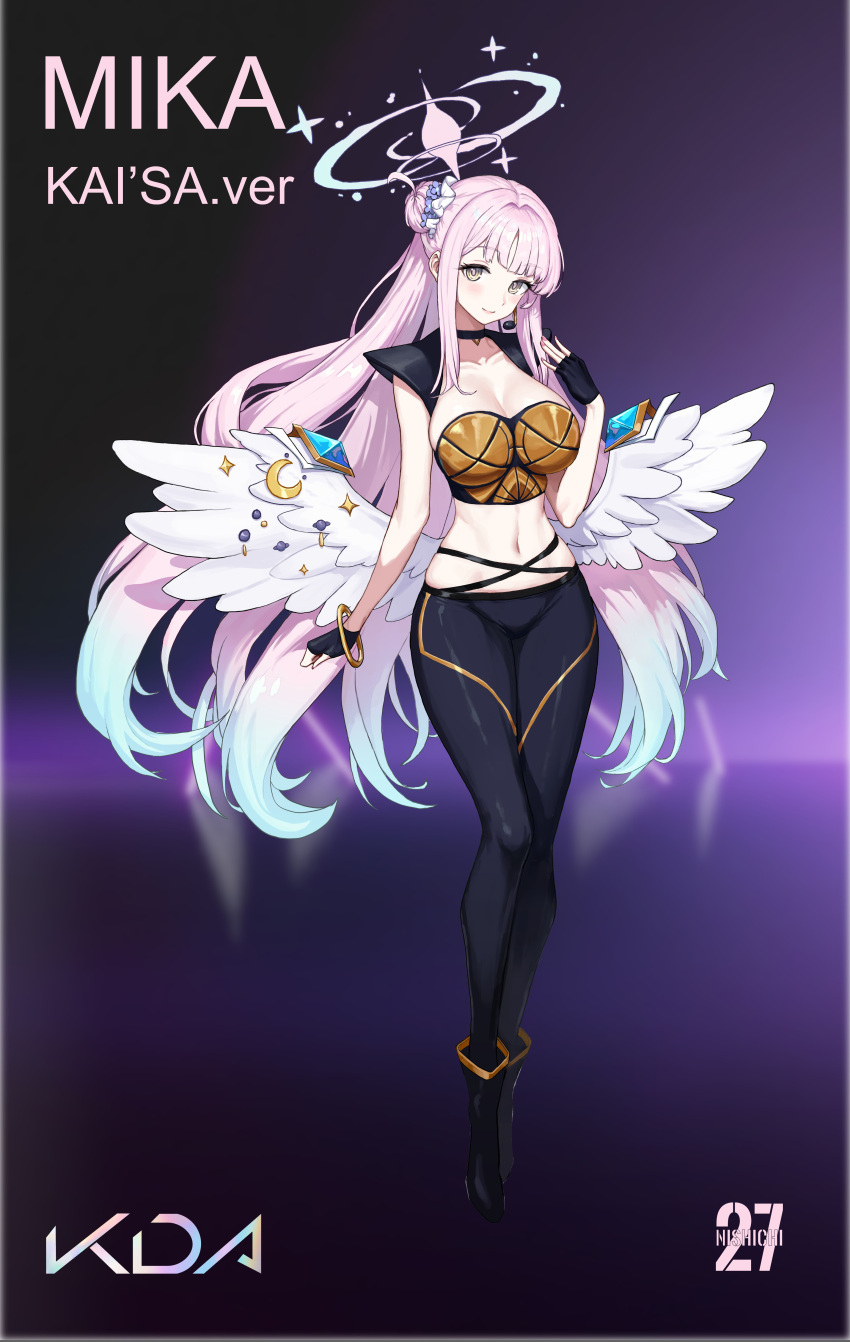 absurdres alternate_costume angel_wings black_pants blue_archive character_name cosplay earpiece feathered_wings female fingerless_gloves full_body gloves hair_bun halo highres k/da_(league_of_legends) k/da_kai'sa kai'sa kai'sa_(cosplay) league_of_legends long_hair low_wings mika_(blue_archive) navel nishichi pants pink_hair pink_halo single_side_bun standing tight_clothes tight_pants white_wings wing_ornament wings