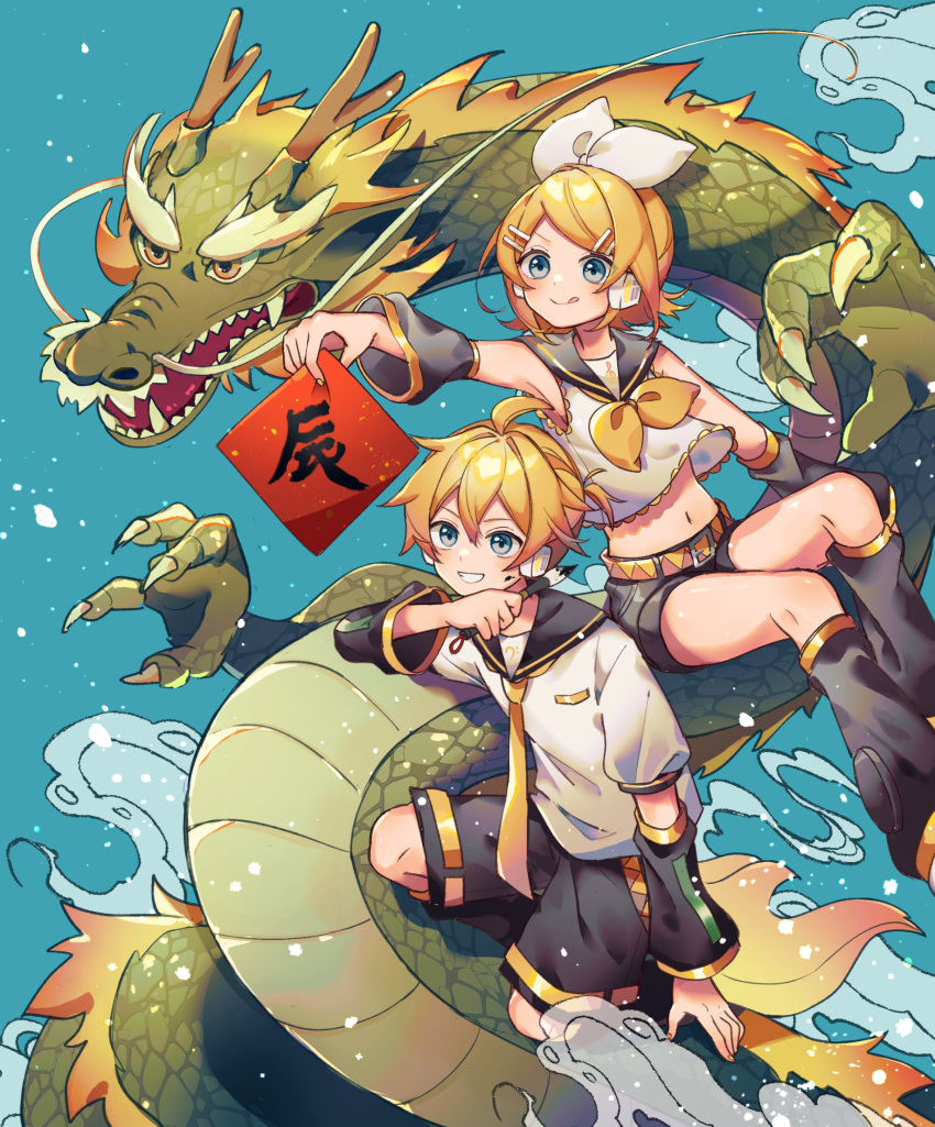 1boy :q ahoge arm_warmers bare_legs belt black_leg_warmers black_sailor_collar black_shorts blonde_hair blue_background blue_eyes bow commentary dragon eastern_dragon feet_out_of_frame female flag gold_trim grin hairbow headphones highres holding holding_brush holding_flag kagamine_len kagamine_rin leg_warmers midriff neckerchief necktie parted_bangs sailor_collar sazanami_(ripple1996) shirt short_hair short_sleeves shorts simple_background sleeveless sleeveless_shirt smile tongue tongue_out vocaloid white_bow white_shirt yellow_belt yellow_neckerchief yellow_necktie