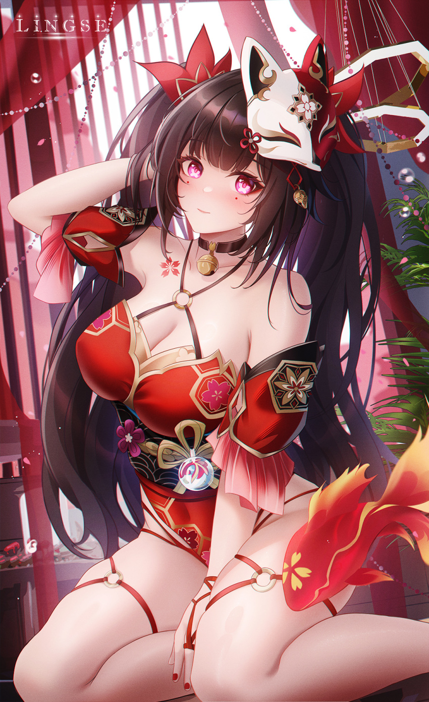 artist_name bare_shoulders bell black_choker black_hair breasts brown_hair choker detached_sleeves dress female fox_mask halterneck highres honkai:_star_rail honkai_(series) ling_dianxia long_hair looking_at_viewer mask mask_on_head neck_bell pink_eyes red_dress sitting solo sparkle_(honkai:_star_rail) twintails yokozuwari