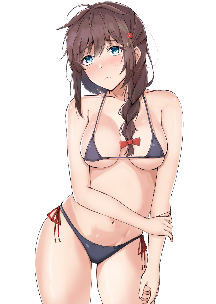 ahoge bikini black_bikini blue_eyes braid breasts brown_hair cleavage closed_mouth cowboy_shot female hand_on_own_arm highres kantai_collection looking_at_another medium_breasts navel off_shoulder shigure_(kancolle) simple_background solo swimsuit underboob vankin white_background