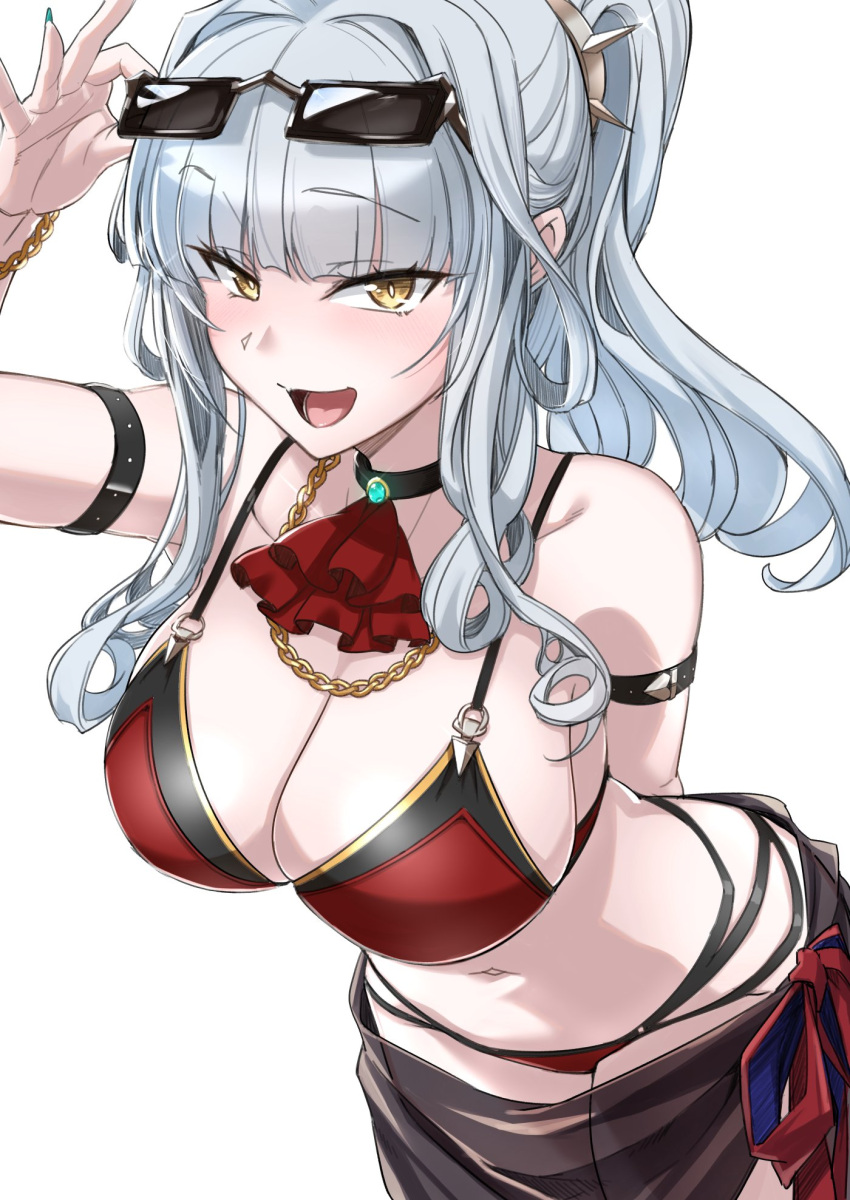 adjusting_eyewear bare_shoulders bikini black_choker black_sarong bovine breasts carmilla_(fate) carmilla_(summertime_mistress)_(fate) choker cleavage eyewear_on_head fate/grand_order fate_(series) female fue_(rhomphair) grey_hair highres large_breasts long_hair looking_at_viewer navel open_mouth ponytail red_bikini sarong solo stomach swimsuit yellow_eyes