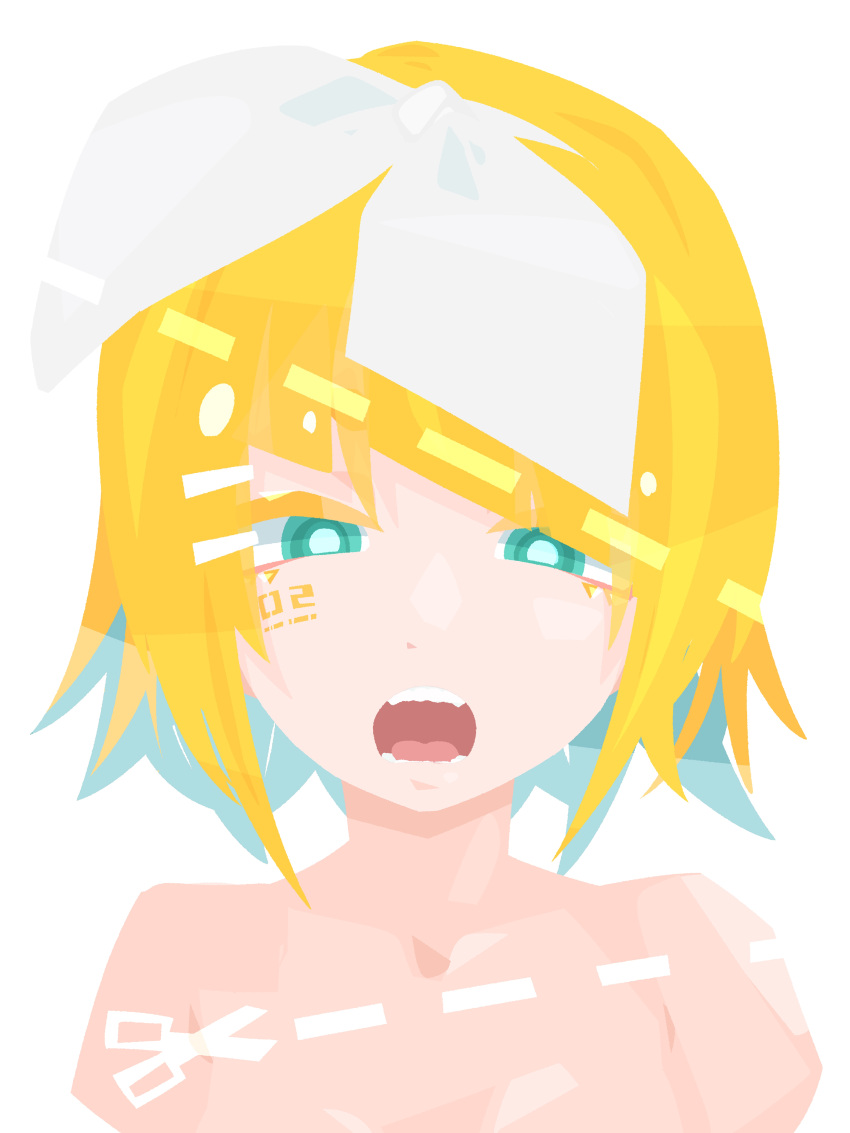 absurdres blonde_hair blue_eyes blue_hair bow breasts cheek_tattoo colored_inner_hair commentary_request cut-here_line female hairbow hara_id_21 highres kagamine_rin looking_at_viewer medium_bangs multicolored_hair no_lineart nude number_tattoo open_mouth short_hair simple_background small_breasts solo tattoo teeth upper_body vocaloid white_background white_bow