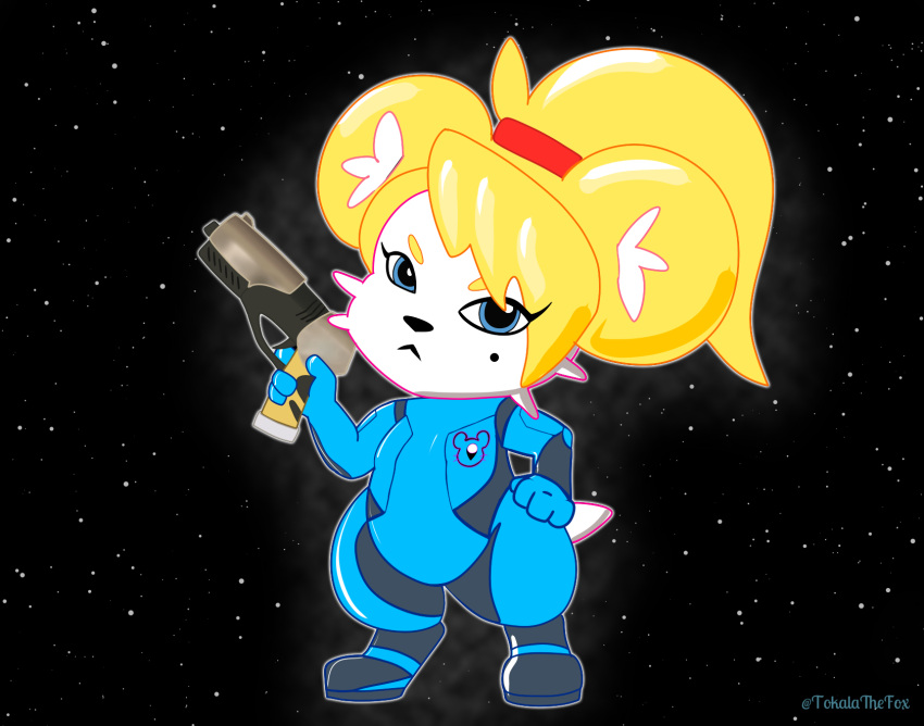 alternate_species black_nose blonde_hair blue_clothing blue_skinsuit clothing cricetid female feral fur gun hair hamster hamus hand_on_hip hi_res mammal markings metroid mole_(marking) nintendo ponytail ranged_weapon rodent samus_aran skinsuit solo tail tight_clothing tokalathefox weapon white_body white_fur