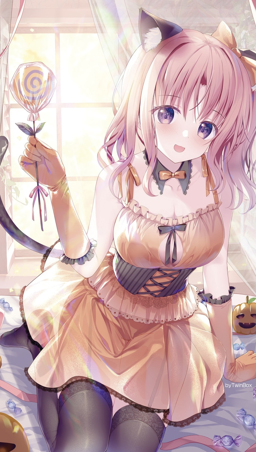 animal_ears bare_shoulders black_bow black_corset black_gloves black_thighhighs blush bow breast_cutout breasts candy cat_ears cat_tail cleavage corset detached_sleeves dress elbow_gloves female food gloves halloween halloween_costume highres holding holding_candy holding_food indoors izumi_kaori_(twinbox) jack-o'-lantern large_breasts lollipop looking_at_viewer open_mouth orange_dress orange_ribbon pink_hair purple_eyes ribbon sitting smile solo sousouman tail thighhighs twinbox_school wariza