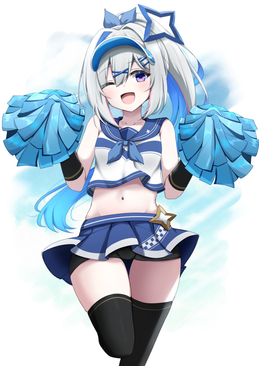 ;d absurdres alternate_costume alternate_hairstyle amane_kanata bare_shoulders bike_shorts_under_skirt black_gloves black_thighhighs blue_hair blue_halo blue_neckerchief blue_sailor_collar blue_shirt blue_skirt blush breasts center-flap_bangs cheerleader colored_inner_hair commentary_request crop_top double-parted_bangs elbow_gloves female gloves grey_hair hair_between_eyes hair_intakes hair_ornament hairclip halo highres hololive kamesys long_hair looking_at_viewer microskirt midriff multicolored_hair navel neckerchief one_eye_closed open_mouth pink_hair pleated_skirt pom_pom_(cheerleading) ponytail purple_eyes sailor_collar sailor_shirt shirt skirt sleeveless sleeveless_shirt small_breasts smile solo standing standing_on_one_leg star_halo streaked_hair thighhighs two-tone_shirt virtual_youtuber w_arms white_shirt x_hair_ornament