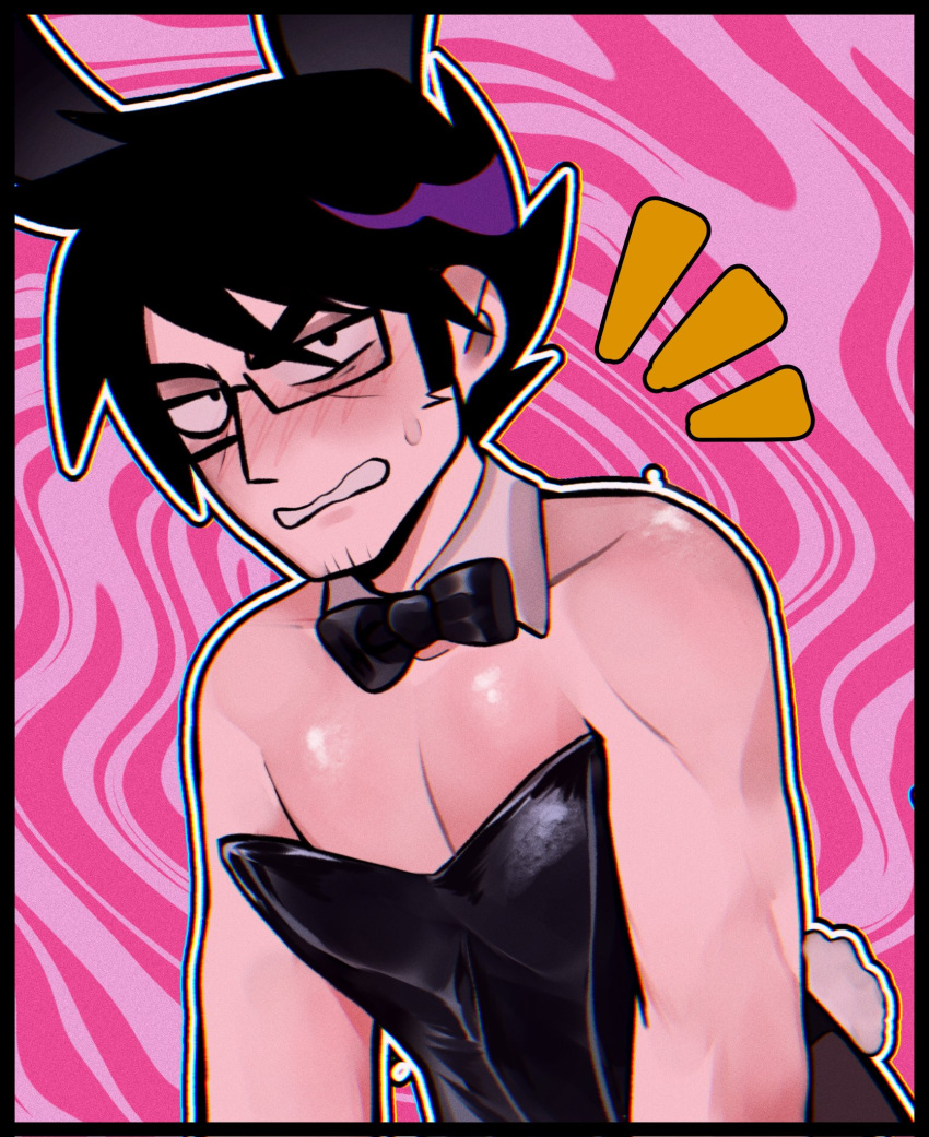 1boy animal_ears annoyed black_border black_bow black_bowtie black_hair black_leotard blush border bow bowtie commentary crossdressing english_commentary evygur0 fake_animal_ears gideon_gordon_graves glasses highres jitome leotard male_focus male_playboy_bunny pectoral_cleavage pectorals rabbit_ears rabbit_tail scott_pilgrim_(series) scott_pilgrim_takes_off short_hair solo tail traditional_bowtie