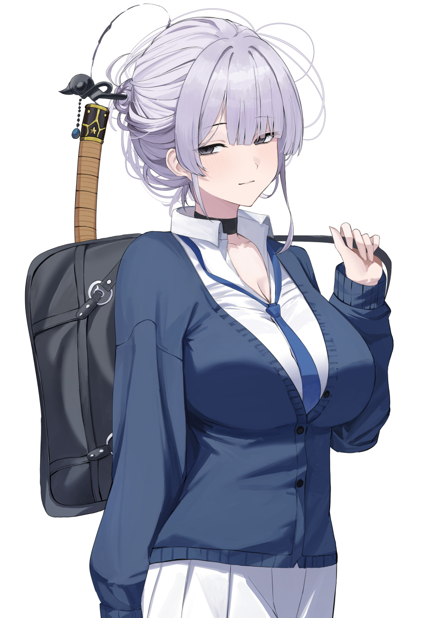 absurdres bag black_choker blue_cardigan blue_necktie blush breasts cardigan choker collared_shirt female grey_eyes grey_hair grey_halo hair_ornament hair_stick halo highres itokonoue_kaoru katana large_breasts looking_at_viewer loose_hair_strand loose_necktie naughty_face necktie open_collar project_kv ref_(pmxt4483) school_bag school_uniform shirt simple_background skirt smile solo sword sword_on_back weapon weapon_behind_back weapon_on_back white_background white_shirt white_skirt