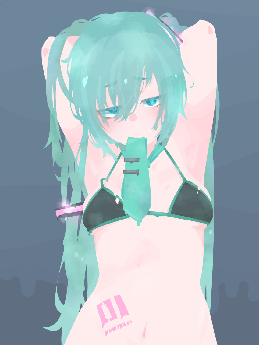 absurdres arms_up bikini black_bikini blue_eyes blue_hair blue_necktie breasts commentary_request female grey_background hair_between_eyes hair_ornament hara_id_21 hatsune_miku highres long_bangs long_hair looking_at_viewer messy_hair mouth_hold navel necktie necktie_in_mouth number_tattoo open_mouth simple_background small_breasts solo stomach_tattoo swimsuit tattoo tie_clip twintails upper_body very_long_hair vocaloid