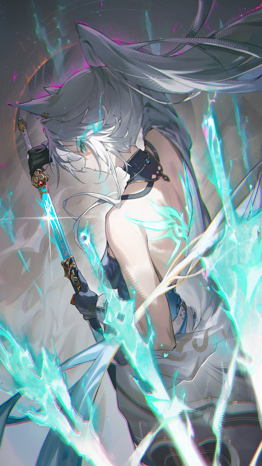 absurdres animal_ears aqua_eyes back back_tattoo backless_dress backless_outfit blue_dress chinese_clothes dress eye_trail feixiao_(honkai:_star_rail) female fox_ears fox_girl from_behind grey_background highres holding holding_sword holding_weapon honkai:_star_rail honkai_(series) krin_(krinnin) light_trail long_hair multiple_swords ponytail scabbard sheath solo sword tattoo weapon