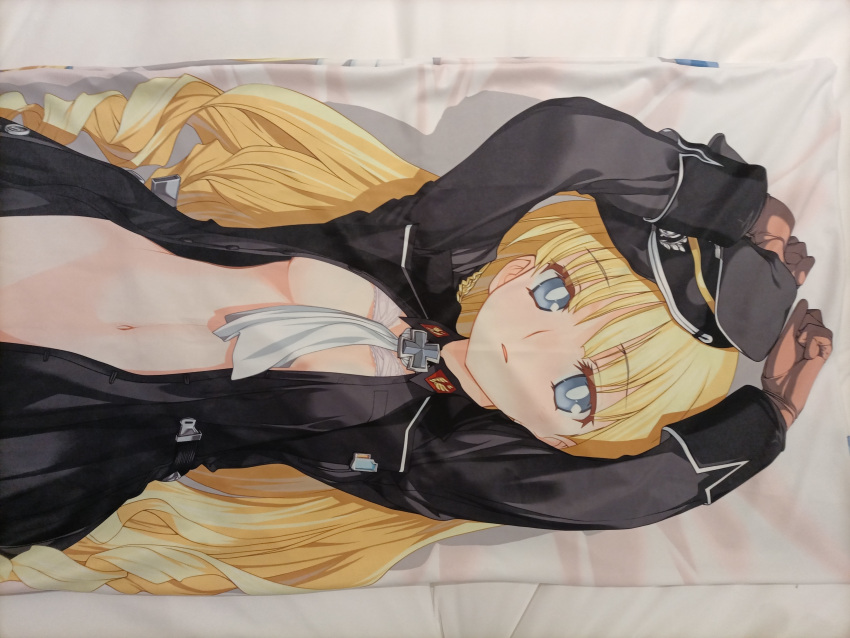 absurdres bed black_coat blonde_hair blue_eyes blush breasts censored coat daiteikoku highres medium_breasts non-web_source retia_adolf union_jack