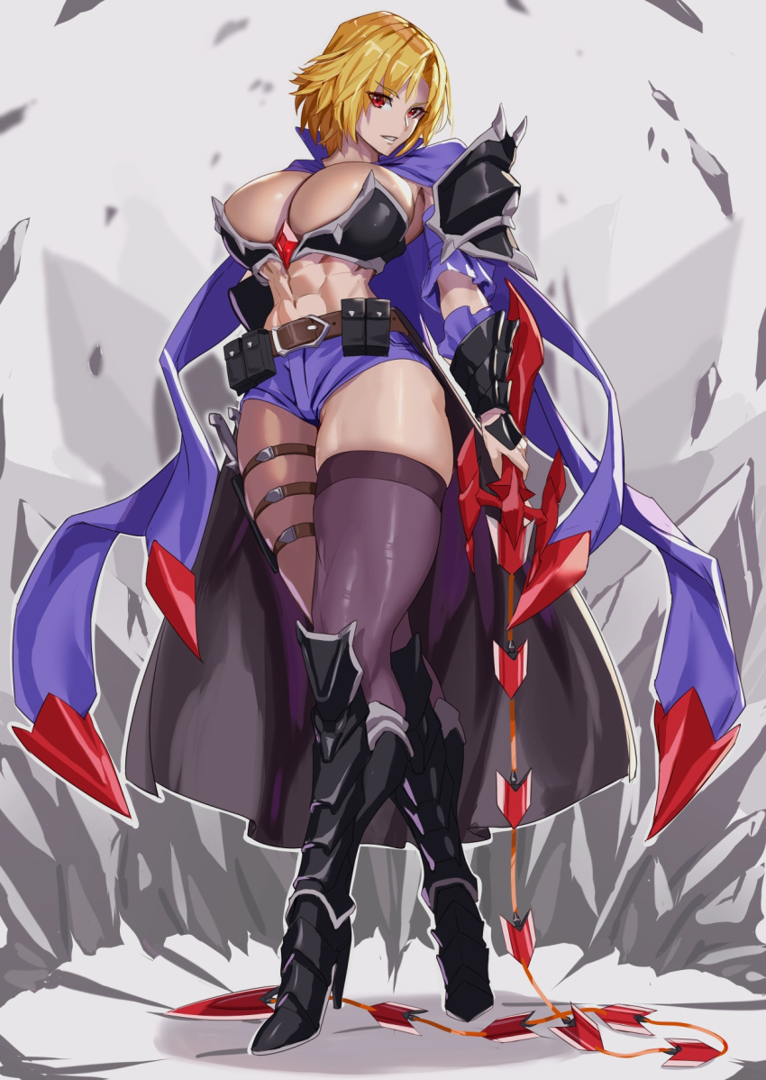 abs bandeau belt belt_pouch black_bandeau black_cape black_footwear black_thighhighs blonde_hair boots breasts brown_belt cape cleavage commentary_request commission female full_body gauntlets high_heel_boots high_heels highres holding holding_sword holding_weapon knee_boots knife large_breasts looking_at_viewer massive_kagawa midriff navel original parted_lips pouch purple_cape purple_shorts red_eyes shadow sheath sheathed short_hair short_shorts shorts sidelocks single_thighhigh skeb_commission skindentation solo standing sword thigh_strap thighhighs waist_cape weapon whip_sword