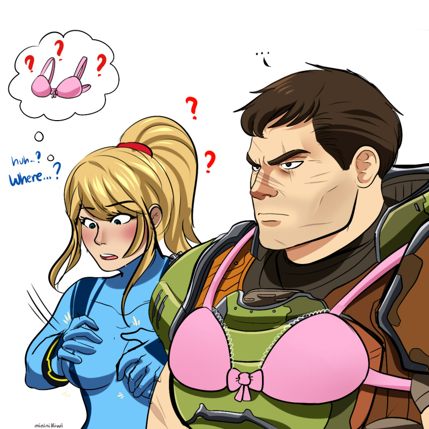 ... 1boy ? armor blonde_hair blue_bodysuit blue_eyes blush bodysuit bra bra_over_clothes brown_eyes brown_hair commentary crossover doom_(series) doom_eternal doomguy english_commentary english_text female hair_tie hands_on_own_breasts high_ponytail highres long_hair metroid mininikiwi pink_bra ponytail power_armor samus_aran scar scar_across_eye scar_on_face short_hair thought_bubble underwear white_background zero_suit