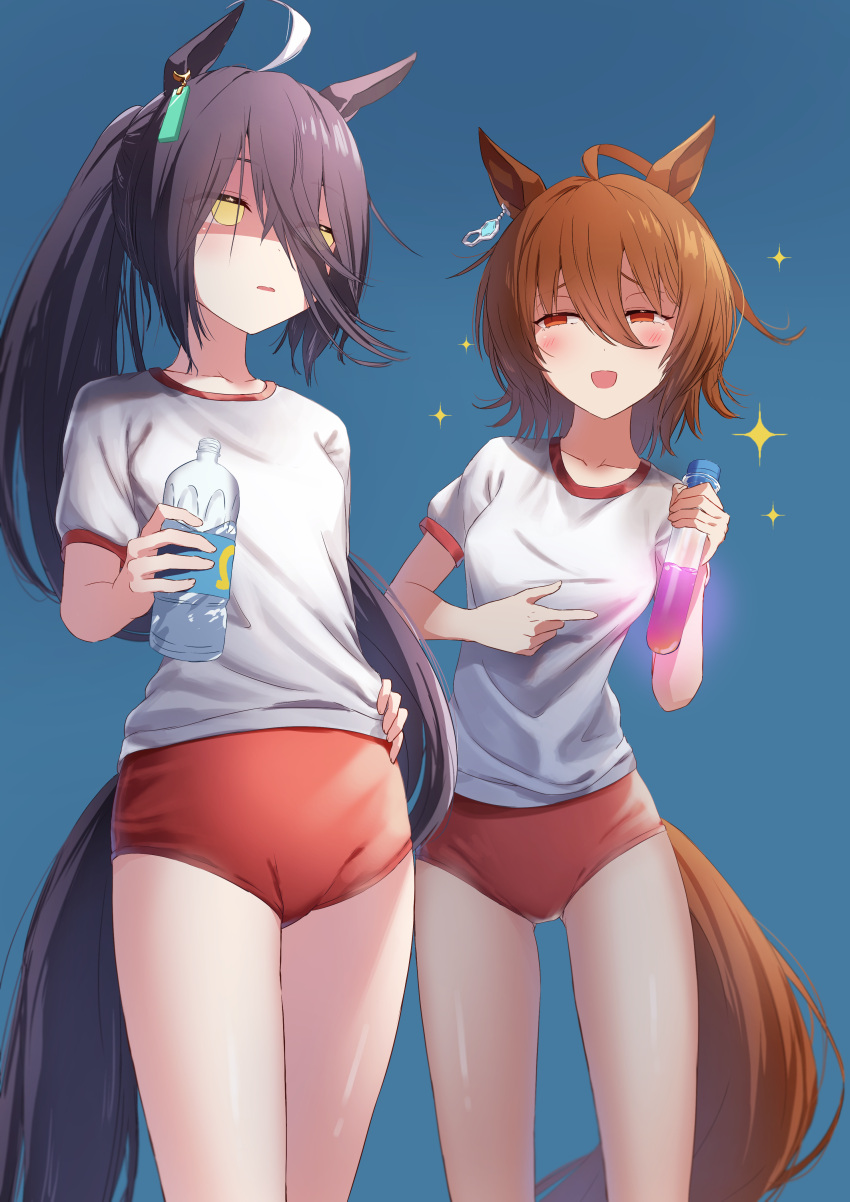 2girls absurdres agnes_tachyon_(umamusume) animal_ears annoyed black_hair blush breasts buruma gym_uniform hair_between_eyes hair_ornament highres holding horse_girl manhattan_cafe_(umamusume) medium_breasts medium_hair multiple_girls open_mouth ponytail potion red_eyes reo-illust4696 shaded_face simple_background sparkle umamusume water_balloon yellow_eyes