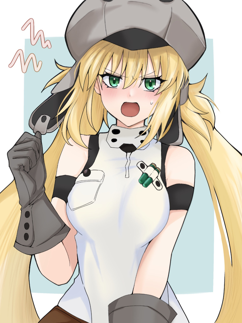 artoria_caster_(fate) artoria_caster_(first_ascension)_(fate) artoria_pendragon_(fate) belt blonde_hair blush breasts cabbie_hat dress fate/grand_order fate_(series) female gloves green_eyes grey_gloves grey_hat hat highres kawairuka_ko long_hair looking_at_viewer medium_breasts open_mouth sleeveless sleeveless_dress solo twintails white_dress