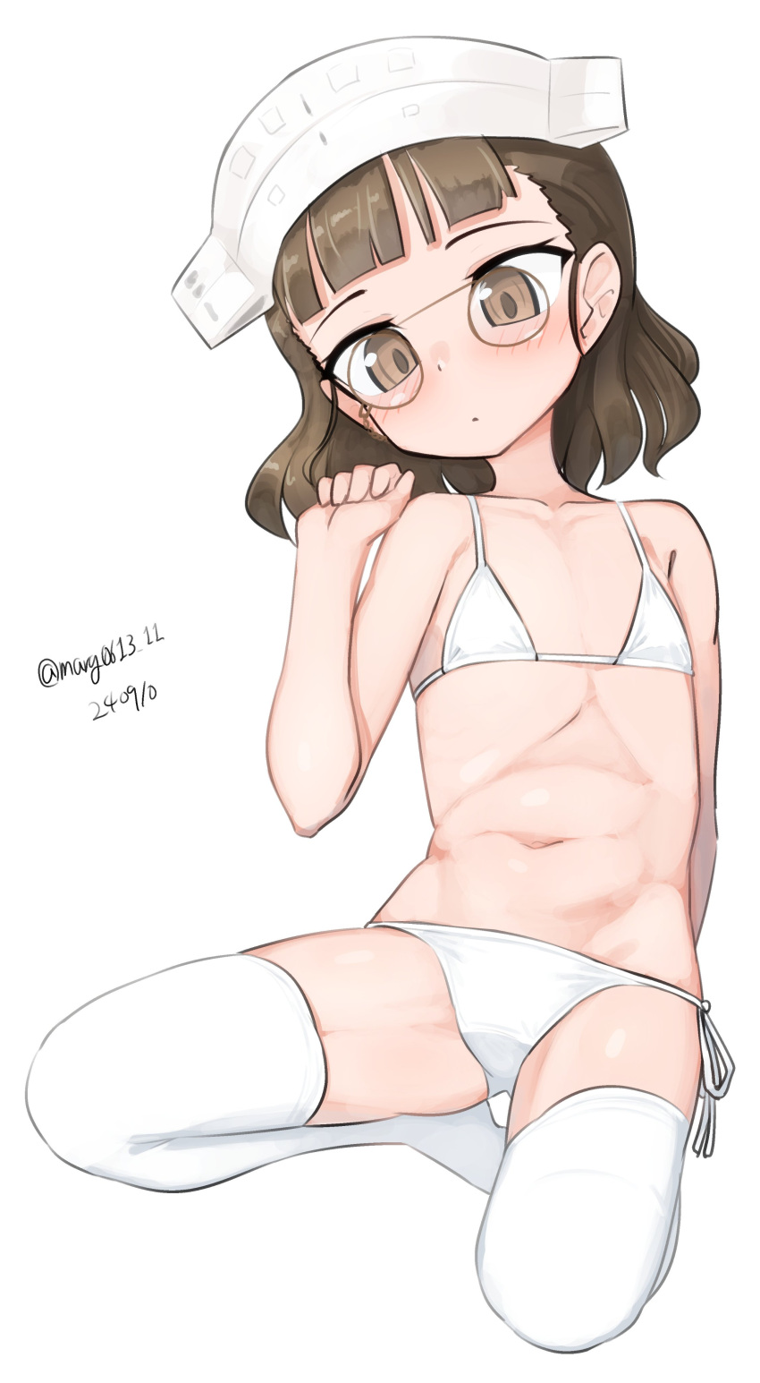 absurdres aged_down bikini brown_eyes dated female flat_chest glasses headpiece highres kantai_collection kneeling maru_(marg0613) one-hour_drawing_challenge pince-nez roma_(kancolle) short_hair side-tie_bikini_bottom simple_background solo swimsuit thighhighs twitter_username white_background white_bikini white_thighhighs