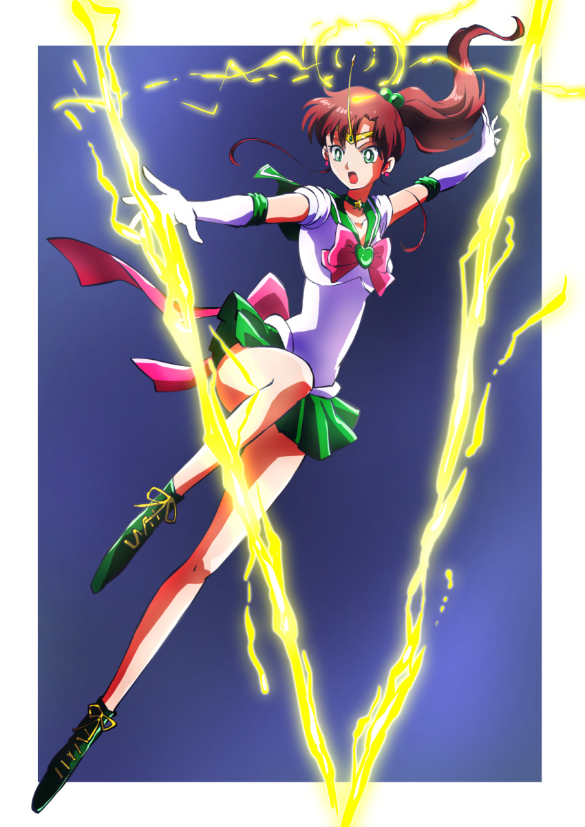 bishoujo_senshi_sailor_moon border brown_hair commentary_request dark_background elbow_gloves electricity female gloves green_eyes high_ponytail highres kino_makoto lightning long_hair ponytail sailor_jupiter shinohara_emi solo taiga_hiroyuki white_border white_gloves