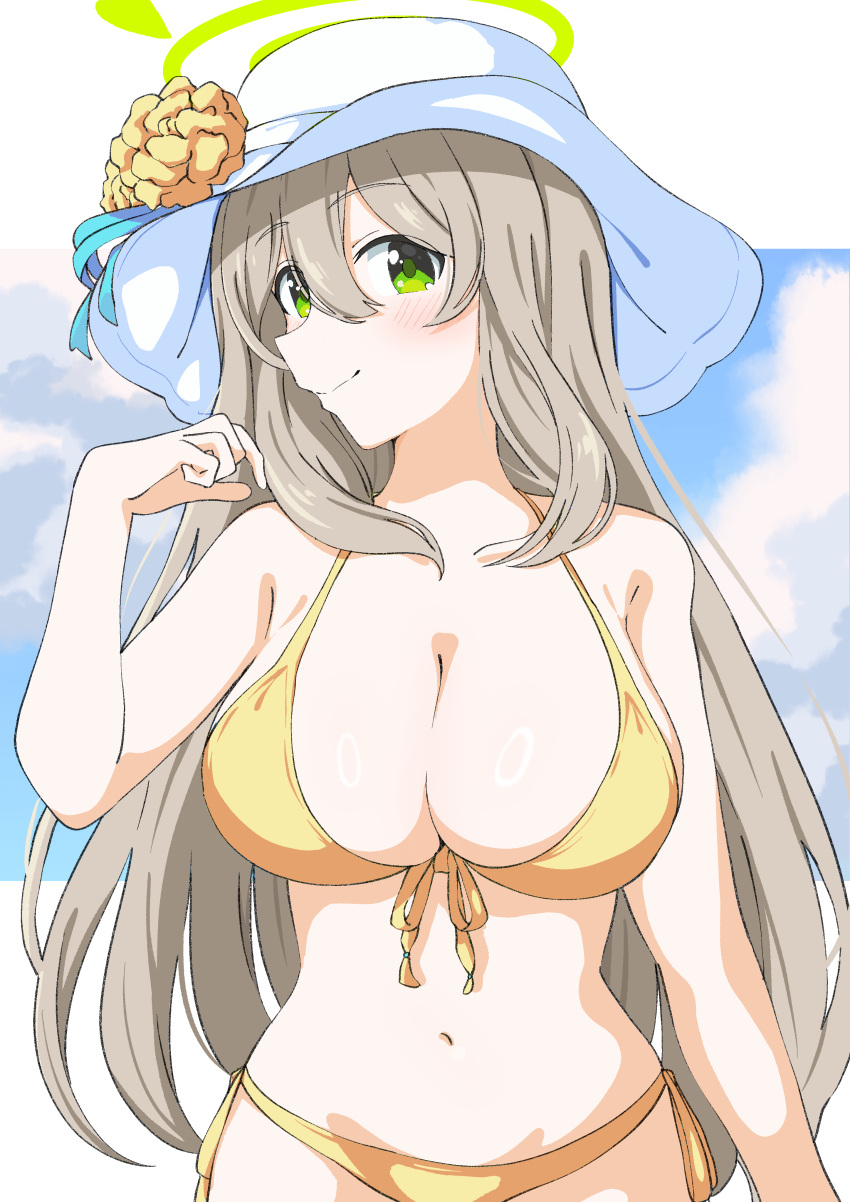 absurdres bikini blue_archive blue_sky blush breasts cleavage closed_mouth cloud collarbone female flower front-tie_bikini_top front-tie_top green_eyes hair_between_eyes hand_up hat hat_flower highres large_breasts letterboxed light_brown_hair long_hair looking_at_viewer navel nonomi_(blue_archive) nonomi_(swimsuit)_(blue_archive) official_alternate_costume outside_border side-tie_bikini_bottom sidelocks sky smile solo stomach sun_hat swimsuit uchuu_no_mozuku upper_body very_long_hair white_hat yellow_bikini yellow_flower