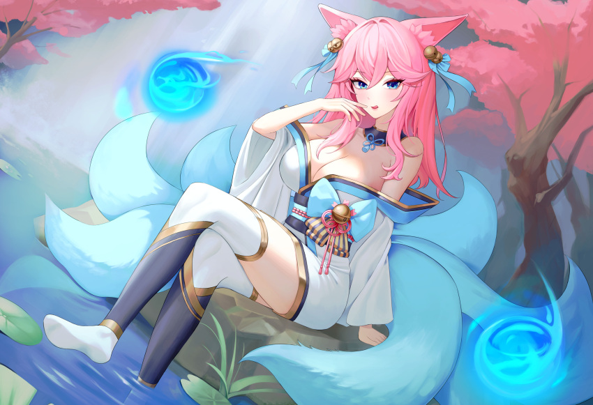 absurdres ahri_(league_of_legends) aillatoste animal_ear_fluff animal_ears bare_shoulders bell blue_eyes blue_fire blue_tail breasts cherry_blossoms cleavage commentary_request crossed_legs detached_collar dutch_angle eyelashes female fire fox_ears fox_girl fox_tail full_body hair_bell hair_ornament hand_up highres japanese_clothes kimono large_breasts league_of_legends long_hair looking_at_viewer multiple_tails obi off_shoulder pink_hair sash sitting soaking_feet solo spirit_blossom_(league_of_legends) spirit_blossom_ahri tail thighhighs tongue tongue_out tree water white_kimono white_thighhighs wide_sleeves zettai_ryouiki