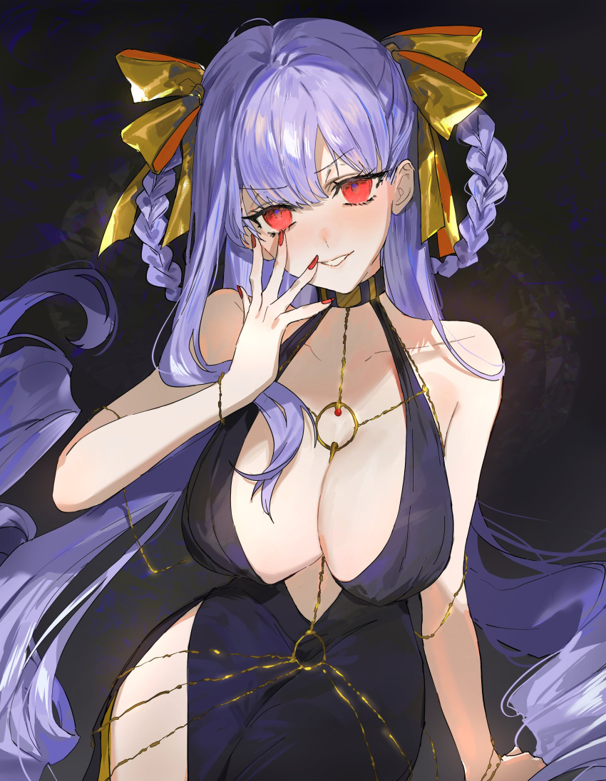 absurdres bare_shoulders bb_(fate) bb_dubai_(fate) belly_chain black_dress blush bracelet braid braided_hair_rings breasts center_opening cleavage collarbone dress fate/grand_order fate_(series) female grin hair_ribbon highres jewelry large_breasts long_hair looking_at_viewer necklace purple_hair red_eyes ribbon side_slit smile solo twin_braids very_long_hair yellow_ribbon yurumawari