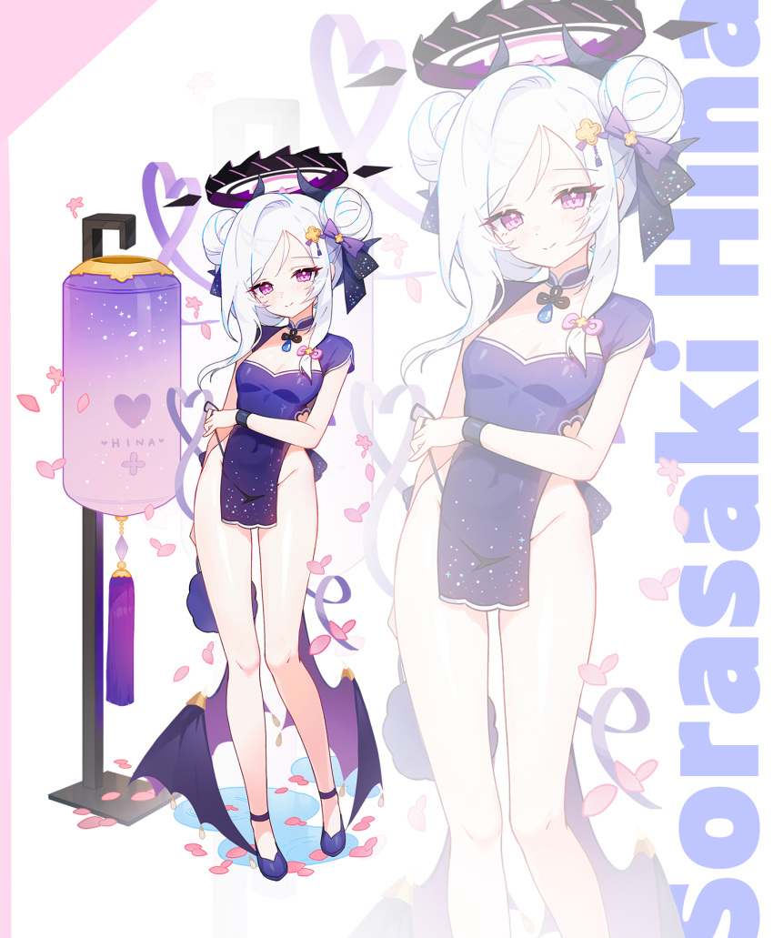 alternate_costume alternate_hairstyle apple_caramel blue_archive boots breasts china_dress chinese_clothes dress english_text female halo high_heel_boots high_heels highres hina_(blue_archive) long_hair looking_at_viewer purple_eyes purple_footwear purple_halo small_breasts solo thighs white_hair