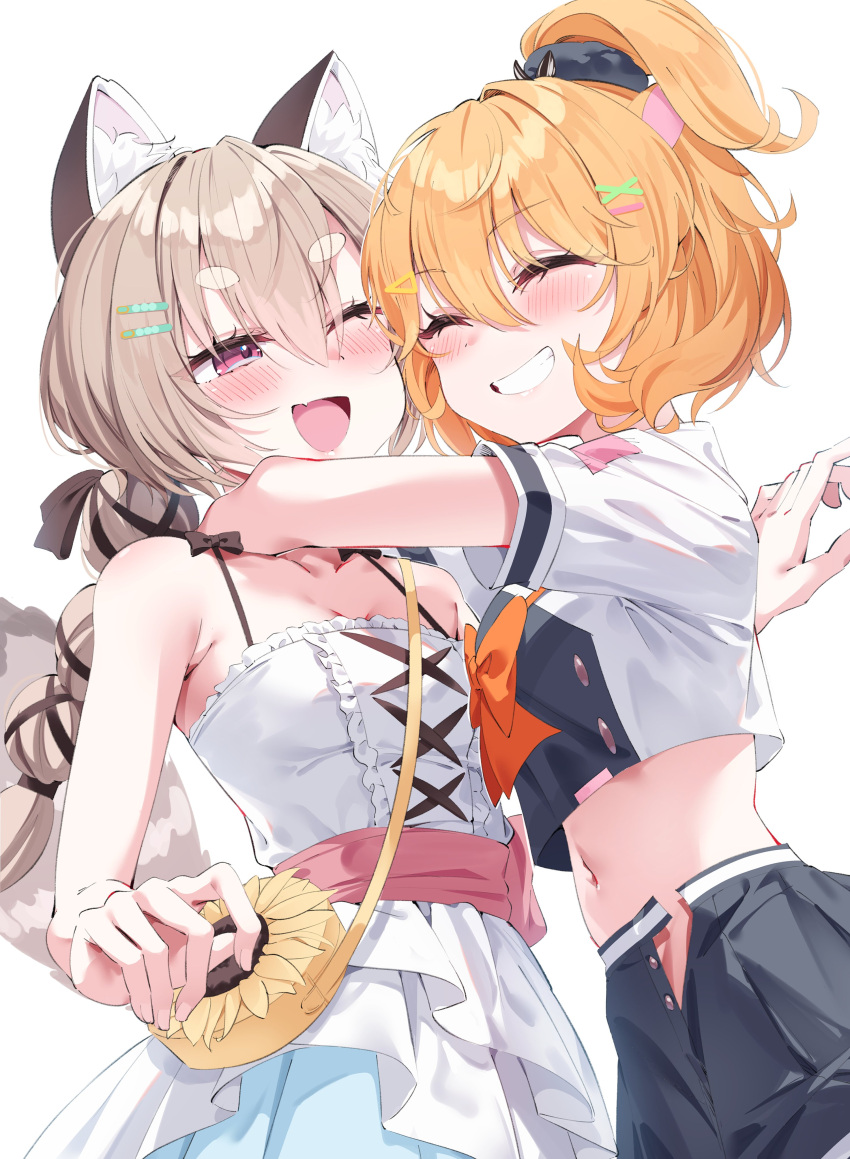 2girls absurdres animal_ear_fluff animal_ears bag black_skirt blush bow bowtie breasts closed_eyes crop_top dress eimi_isami hair_between_eyes hamster_ears hamster_girl handbag highres hug komachi_panko light_brown_hair long_hair midriff multiple_girls muyamii navel one_eye_closed one_side_up open_fly open_mouth orange_bow orange_bowtie orange_hair patch phase_connect pink_eyes red_panda_ears red_panda_girl second-party_source short_eyebrows short_hair skirt small_breasts virtual_youtuber white_dress yellow_bag