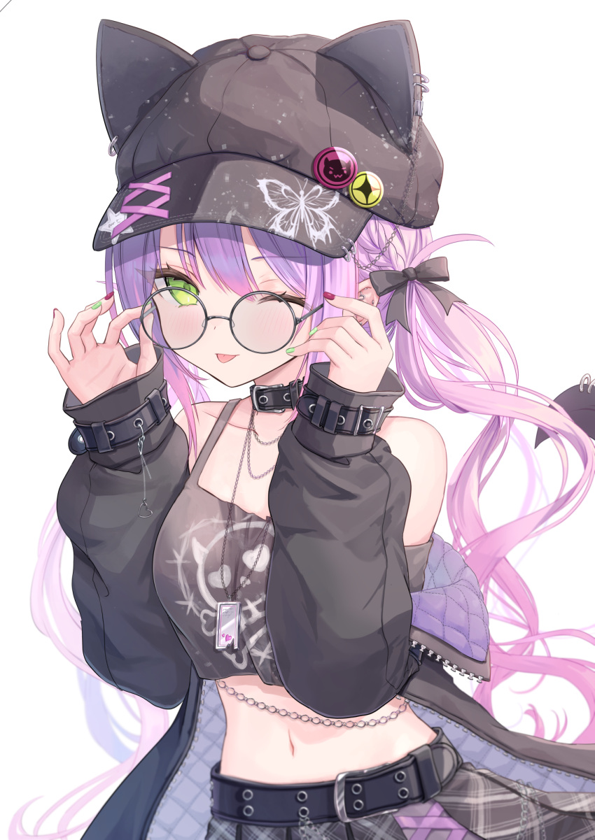 adjusting_eyewear animal_ears baseball_cap black_collar black_jacket black_shirt cat_ears collar cropped_shirt female green_eyes hat hat_ornament heart_o-ring highres hololive jacket jirai_kei long_hair multicolored_hair navel off_shoulder one_eye_closed piercing pink_hair plaid_clothes plaid_skirt pleated_skirt purple_hair round_eyewear shirt simple_background skirt sleeveless sleeveless_shirt tail tail_ornament tail_piercing tina_oekaki tokoyami_towa tongue tongue_out twintails two-tone_hair virtual_youtuber white_background