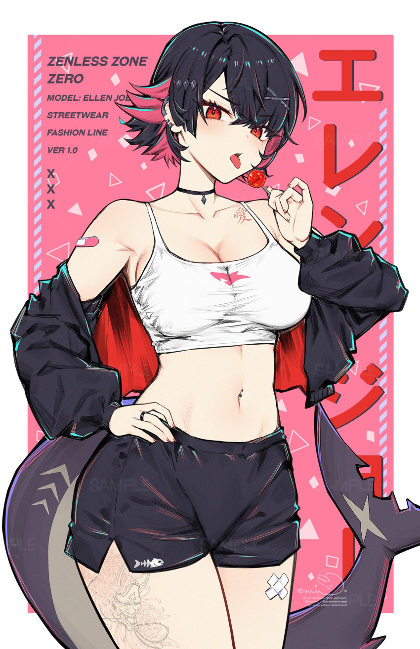 black_hair black_jacket black_shorts breasts candy cleavage collarbone colored_inner_hair crop_top ellen_joe emu_(confisery) female fingernails fins fish_tail food hair_between_eyes hand_on_own_hip highres jacket large_breasts lollipop looking_at_viewer mole mole_under_eye multicolored_hair navel navel_piercing piercing red_eyes red_hair shark_girl shark_tail short_hair shorts sidelocks simple_background solo tail tongue tongue_out two-tone_hair zenless_zone_zero