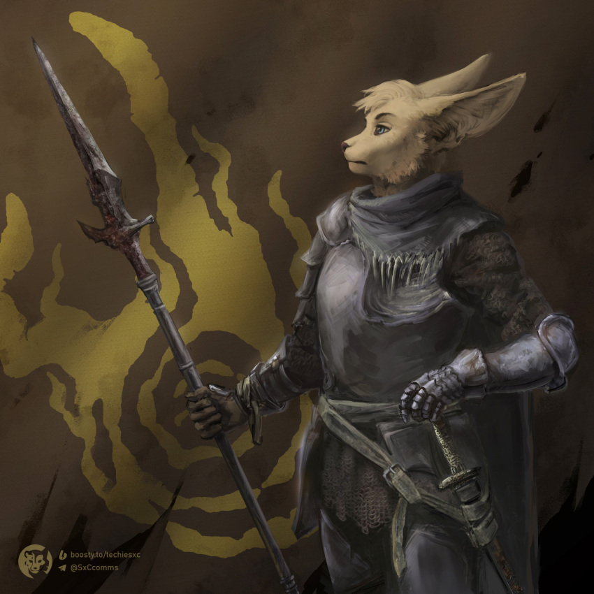 1:1 anthro armor banner basitin digital_media_(artwork) elden_ring female fromsoftware hi_res mammal melee_weapon polearm scar solo spear sword techiesxc twokinds weapon