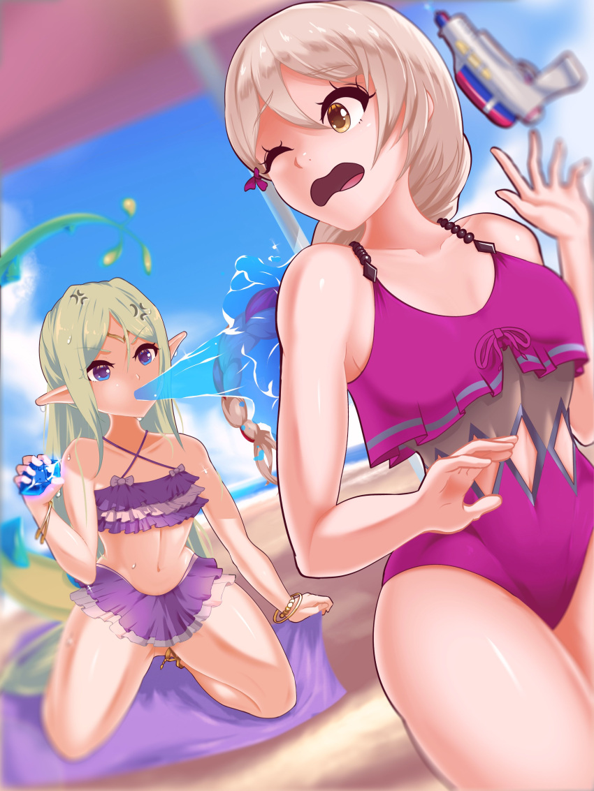 2girls absurdres alternate_costume anger_vein beach beach_towel beach_umbrella bikini bikini_skirt blonde_hair blue_sky blurry bow bracelet breasts casual_one-piece_swimsuit circlet commission depth_of_field diamond_cutout dragonstone fire_emblem fire_emblem_awakening fire_emblem_engage framme_(fire_emblem) frilled_bikini frills gem green_hair hairbow highres holding holding_gem jewelry keldancon long_hair looking_at_another medium_breasts multicolored_hair multiple_girls nowi_(fire_emblem) official_alternate_costume one-piece_swimsuit one_eye_closed parted_bangs pink_hair pink_one-piece_swimsuit pointy_ears purple_bikini purple_eyes second-party_source sky small_breasts spraying swimsuit towel two-tone_hair umbrella water_gun wet yellow_eyes