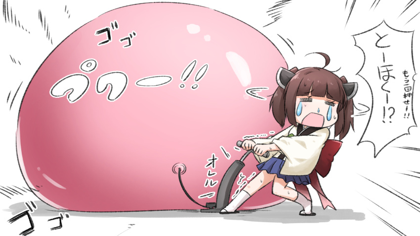 =_= ahoge balloon bangs bicycle_pump black_footwear blue_skirt brown_hair closed_eyes commentary emphasis_lines eyebrows_visible_through_hair female headgear highres japanese_clothes kimono long_sleeves neon-tetora oversized_clothes pleated_skirt shadow skirt socks solo sweat teardrop touhoku_kiritan translated trembling twintails voiceroid white_background white_kimono white_legwear wide_sleeves zouri