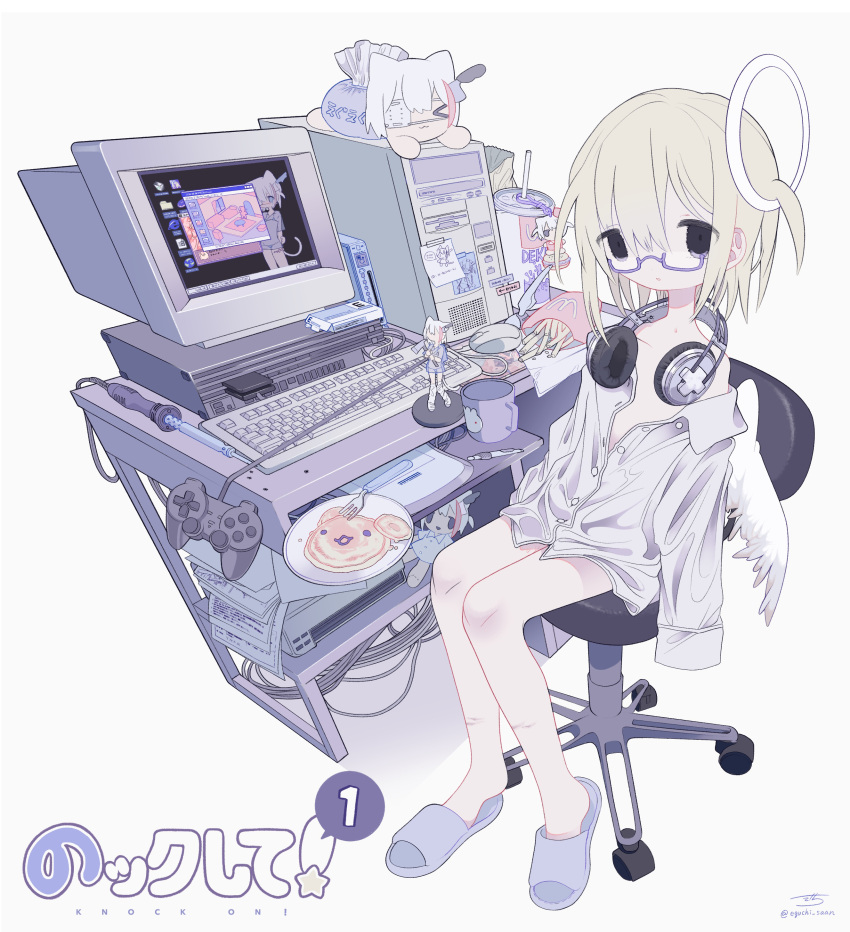 absurdres angel angel_wings bangs bare_legs black_eyes blonde_hair buttons chair character_doll charm_(object) collared_shirt computer crt cup desk disposable_cup drawing_tablet drinking_straw feathered_wings female figure food fork full_body game_console glasses hair_between_eyes halo headphones headphones_around_neck highres keyboard_(computer) long_sleeves looking_at_viewer medicine_box monitor mouse_(computer) mug off_shoulder office_chair on_chair open_clothes open_shirt original outo_eguchi paper parted_lips partially_unbuttoned pen plate playstation_2 playstation_controller purple-framed_eyewear semi-rimless_eyewear shirt short_hair signature simple_background sitting sleeves_past_fingers sleeves_past_wrists slippers soldering_iron solo sticky_note tissue_box translation_request twitter_username under-rim_eyewear wcdonalds white_background white_shirt white_wings wings