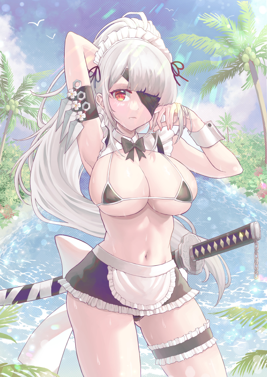 absurdres akashic_chronicle apron arm_up armpits bikini black_bikini black_ribbon breasts c8oyk cleavage female frilled_bikini frills grey_hair hair_ornament hair_ribbon highres katana large_breasts long_hair looking_at_viewer maid maid_bikini maid_headdress navel outdoors red_eyes ribbon solo stomach swimsuit sword unconventional_maid waist_apron weapon white_apron