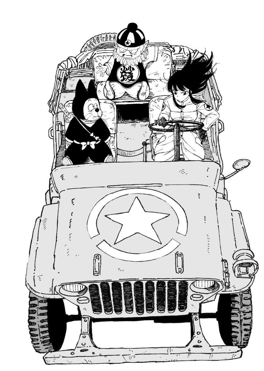 2boys :d bow breasts buttons car closed_mouth coat commentary_request dragon_ball dragon_ball_(classic) driving female frown gloves grey_background greyscale hat highres jeep kajino_(aosansai) katana left-hand_drive long_hair long_sleeves looking_at_another mai_(dragon_ball) monochrome motor_vehicle multiple_boys open_mouth pilaf rear-view_mirror shoes shuu_(dragon_ball) simple_background sitting smile snout star_(symbol) steering_wheel sword vehicle_focus weapon weapon_on_back whiskers