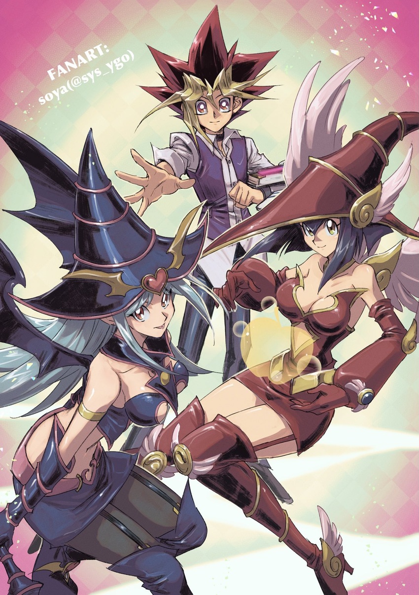 1boy 2girls apple_magician_girl bare_shoulders blonde_hair breasts chocolate_magician_girl cleavage commentary duel_monster hair_between_eyes hat highres long_hair looking_at_viewer multiple_girls muto_yugi open_mouth soya_(sys_ygo) wand wizard_hat yu-gi-oh! yu-gi-oh!_duel_monsters yu-gi-oh!_the_dark_side_of_dimensions