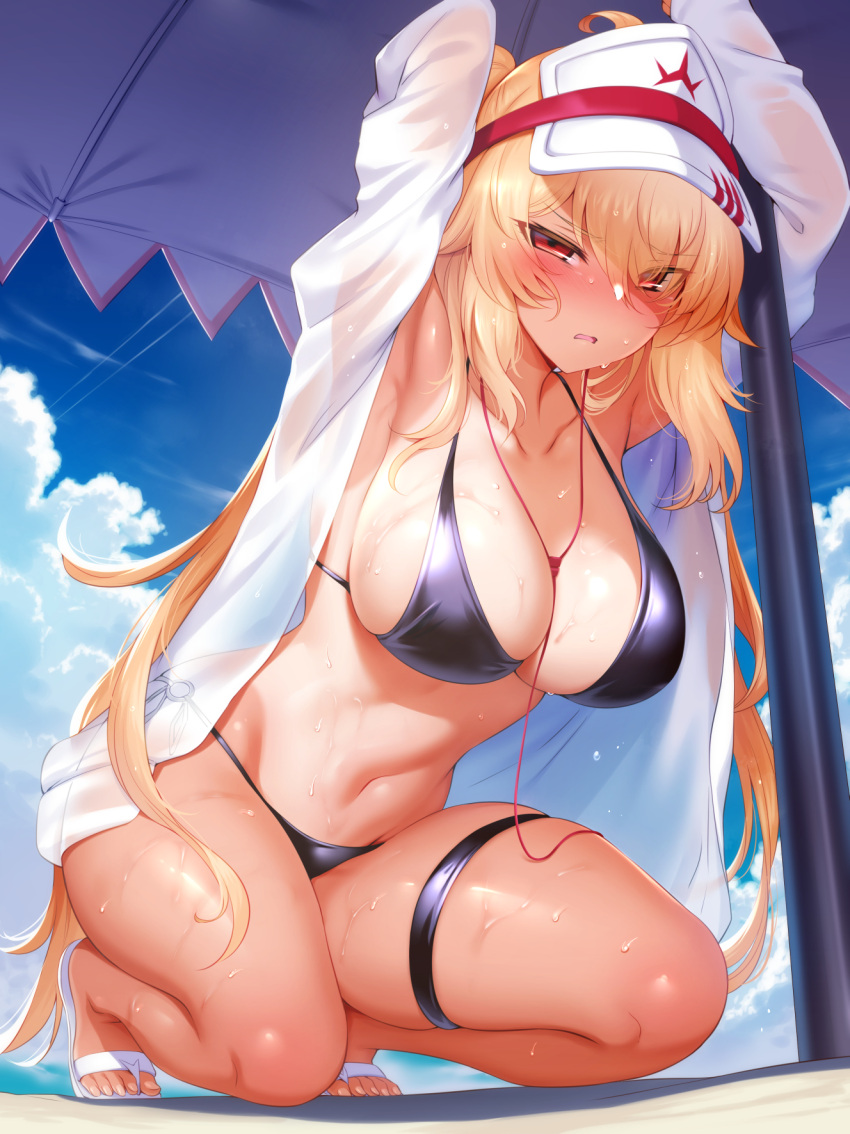 armpits arms_up bare_shoulders beach beach_umbrella bikini black_bikini blonde_hair blue_sky blush breasts cable cleavage collarbone commentary_request day earbuds earphones female hat highres hiyake-chan jacket kneeling large_breasts long_hair long_sleeves looking_at_viewer m-da_s-tarou navel one-piece_tan open_clothes open_jacket original outdoors red_eyes sky solo sweat swimsuit tan tanlines thigh_strap thighs twintails umbrella visor_cap white_hat white_jacket