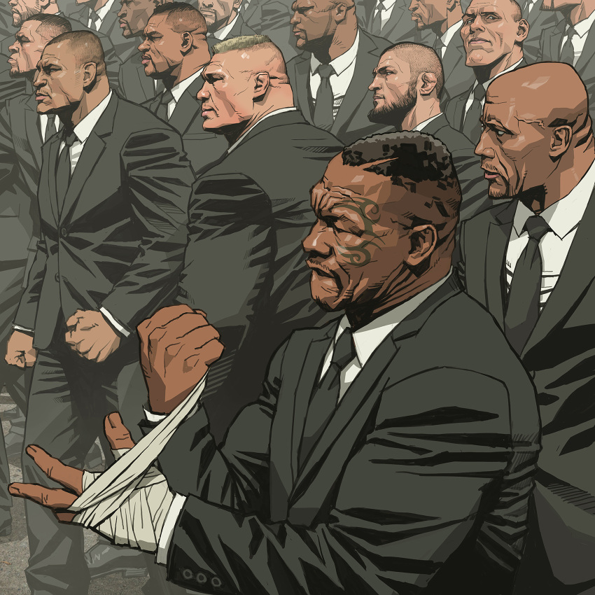 6+boys applying_bandages bald bandaged_hand bandages beard black_hair black_jacket black_necktie black_suit blonde_hair brock_lesnar clenched_hands closed_mouth collared_shirt commentary dark-skinned_male dark_skin english_commentary facial_hair facial_tattoo formal francis_ngannou from_side gangster highres jacket khabib_nurmagomedov long_sleeves looking_at_viewer male_focus manly mark_henry mike_tyson moustache multiple_boys nate_diaz necktie real_life seung_eun_kim shirt short_hair suit tattoo terry_crews the_rock_(dwayne_johnson) ultimate_fighting_championship veiny_face very_short_hair white_shirt wwe