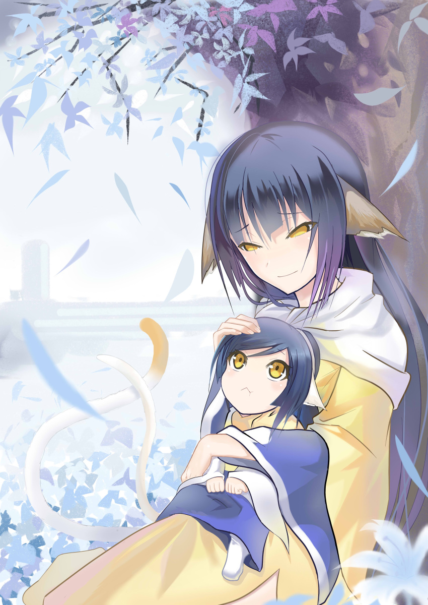 2girls :< :t absurdres animal_ears black_hair coat crazy_rin eyebrows_hidden_by_hair flower hand_on_another's_head headpat highres hug japanese_clothes kuon_(utawarerumono) leaf long_hair mother_and_daughter multiple_girls petting scarf sitting sitting_on_person smile tail tree utawarerumono utawarerumono:_futari_no_hakuoro utawarerumono:_itsuwari_no_kamen yellow_eyes yuzuha_(utawarerumono)