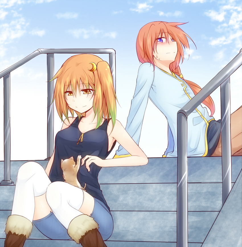 2girls blush borrowed_character breasts brown_eyes brown_hair commentary_request crescent crescent_hair_ornament day feline hair_ornament highres kagetsu_nozumu long_hair looking_at_another medium_breasts multiple_girls orange_hair original purple_eyes railing sitting sitting_on_stairs sky smile stairs thighhighs tokiniwa_yuuhi vellark