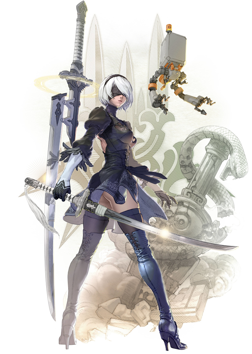 2b_(nier:automata) absurdres ass back_cutout black_blindfold black_dress black_footwear black_thighhighs blindfold boots breasts clothing_cutout covered_eyes dress feather-trimmed_sleeves feather_trim female full_body gloves hairband high_heel_boots high_heels highres holding holding_sword holding_weapon kawano_takuji lens_flare lips looking_back medium_breasts mole mole_under_mouth nier:automata nier_(series) official_art pod_(nier:automata) puffy_sleeves robot short_dress short_hair side_slit simple_background soulcalibur soulcalibur_vi standing sword thigh_boots thighhighs turtleneck virtuous_contract virtuous_treaty weapon white_hair