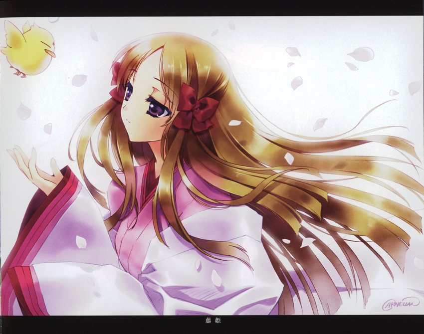 absurdres artist_name azuma_hatsumi bird blonde_hair bow carnelian female floating_hair fujihime hairbow half-closed_eyes highres japanese_clothes ken-chan kimono letterboxed light_smile long_hair official_art outstretched_hand petals purple_eyes red_bow signature very_long_hair white_background yami_to_boushi_to_hon_no_tabibito