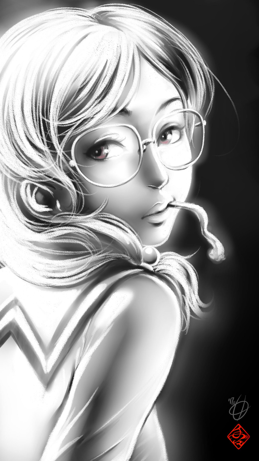 absurdres brown_eyes commentary_request female glasses hair_bobbles hair_ornament highres kanchiyo limited_palette long_hair looking_back mera_chisato monochrome mouth_hold portrait saiki_kusuo_no_psi_nan school_uniform serafuku solo spot_color watermark