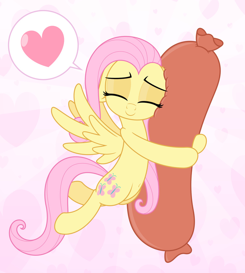 2017 absurd_res cutie_mark equid equine feathered_wings feathers female feral fluttershy_(mlp) food friendship_is_magic hair hasbro heart_symbol hi_res hug mammal meat my_little_pony mythological_creature mythological_equine mythology pegasus pink_hair sausage semi-anthro smile solo wings yellow_body yellow_feathers zutheskunk