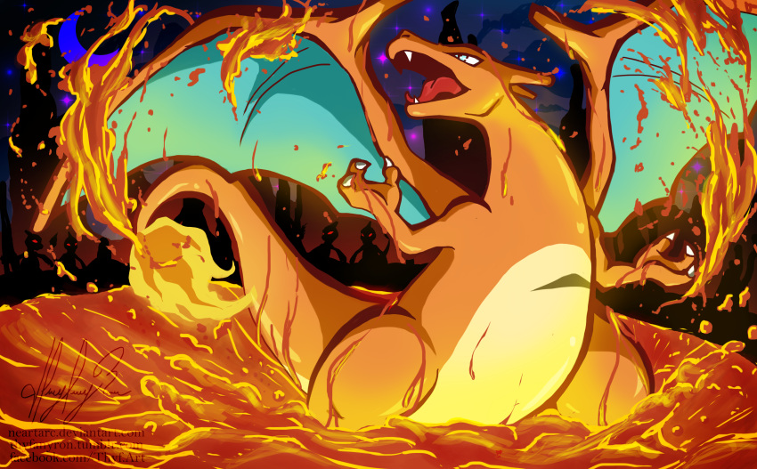 absurdres cameo charizard charmeleon commentary_request dragon feet_out_of_frame fiery_tail fire highres lava neartarc night night_sky pokemon pokemon_(creature) profile signature sky solo standing tail watermark web_address wings