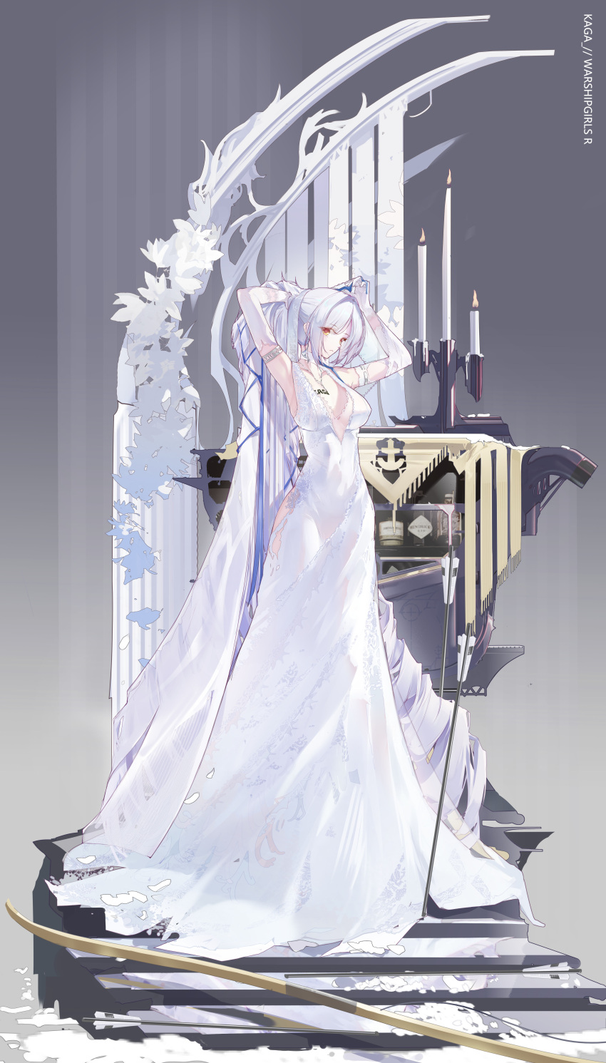 absurdres breasts brown_eyes candle candlelight candlestand covered_navel detached_sleeves dress female gloves highres kaga_(warship_girls_r) large_breasts long_dress long_hair ponytail solo stairs very_long_hair warship_girls_r white_dress white_gloves white_hair white_sleeves white_veil wuzhuang_caikuangche yumi_(bow)